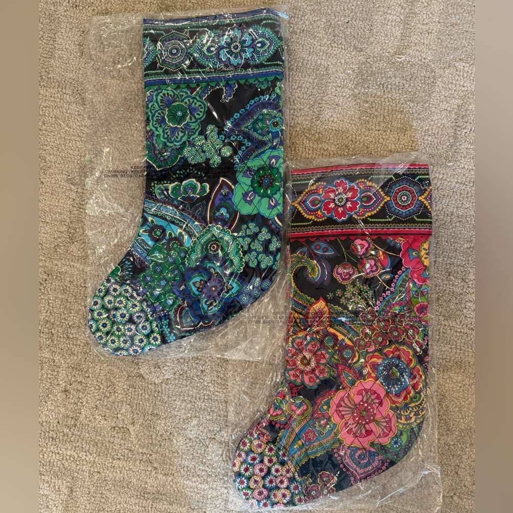 2 VERA BRADLEY Christmas Stocking Blue Rhapsody Symphony in Hue Jingle Bell New!
